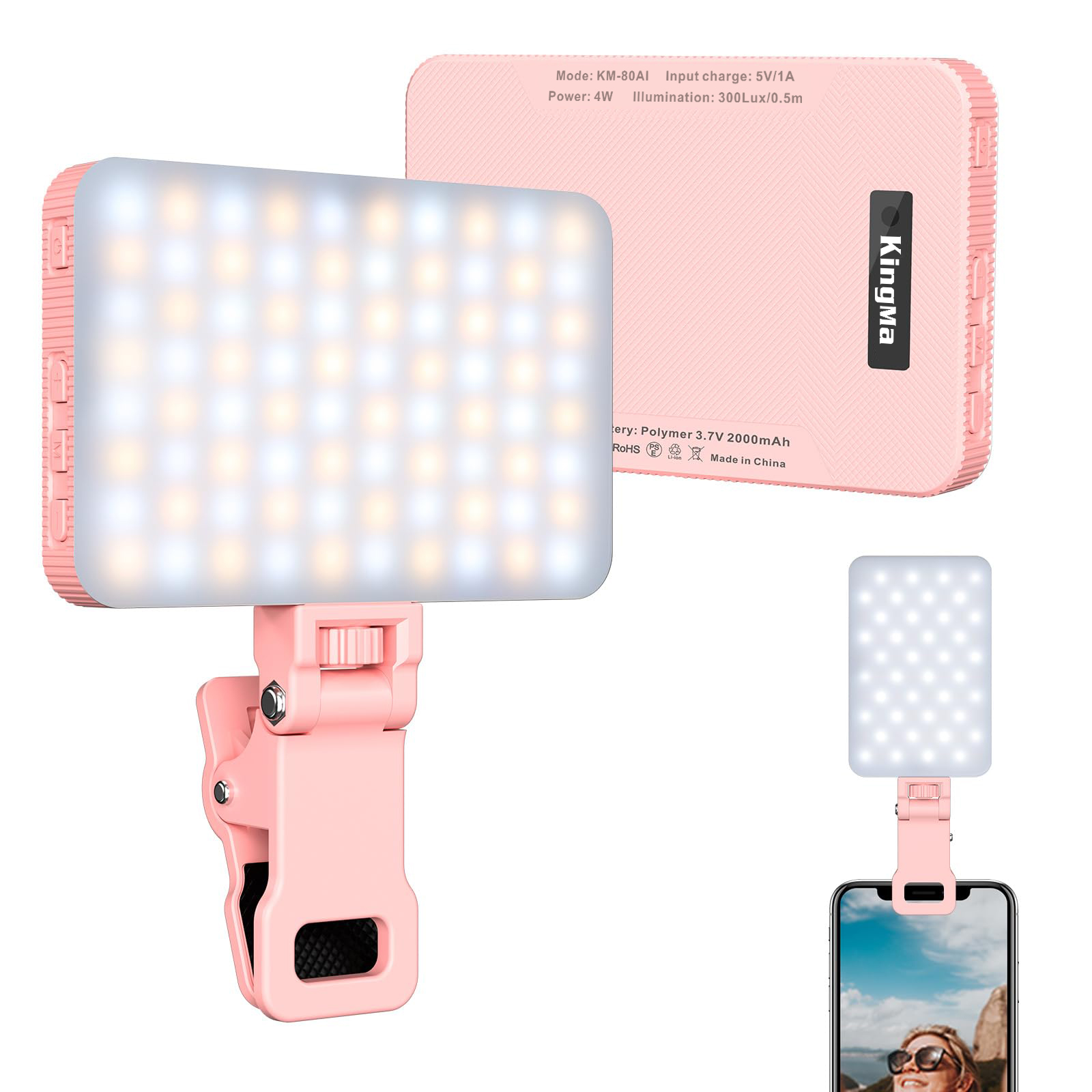 Photography Lighting Handheld - キングマピンクの充電式セルフィーライト、ポータブルクリップ、電話、ラップトップ、メイクアップ、ビデオ会議、tik tok
